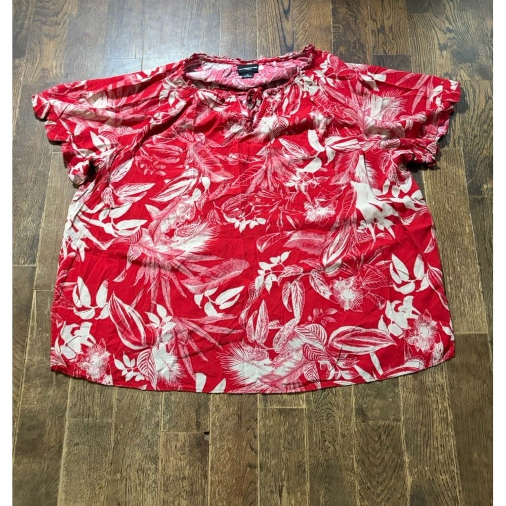 Liz Claiborne Women Blouse Short Sleeve Red Floral Tropical V Neck - Size 2x